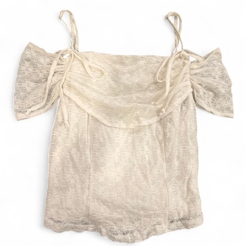 Willow + Root Cream Floral Lace Cold Shoulder Tie Strap Top Small Ivory Boho